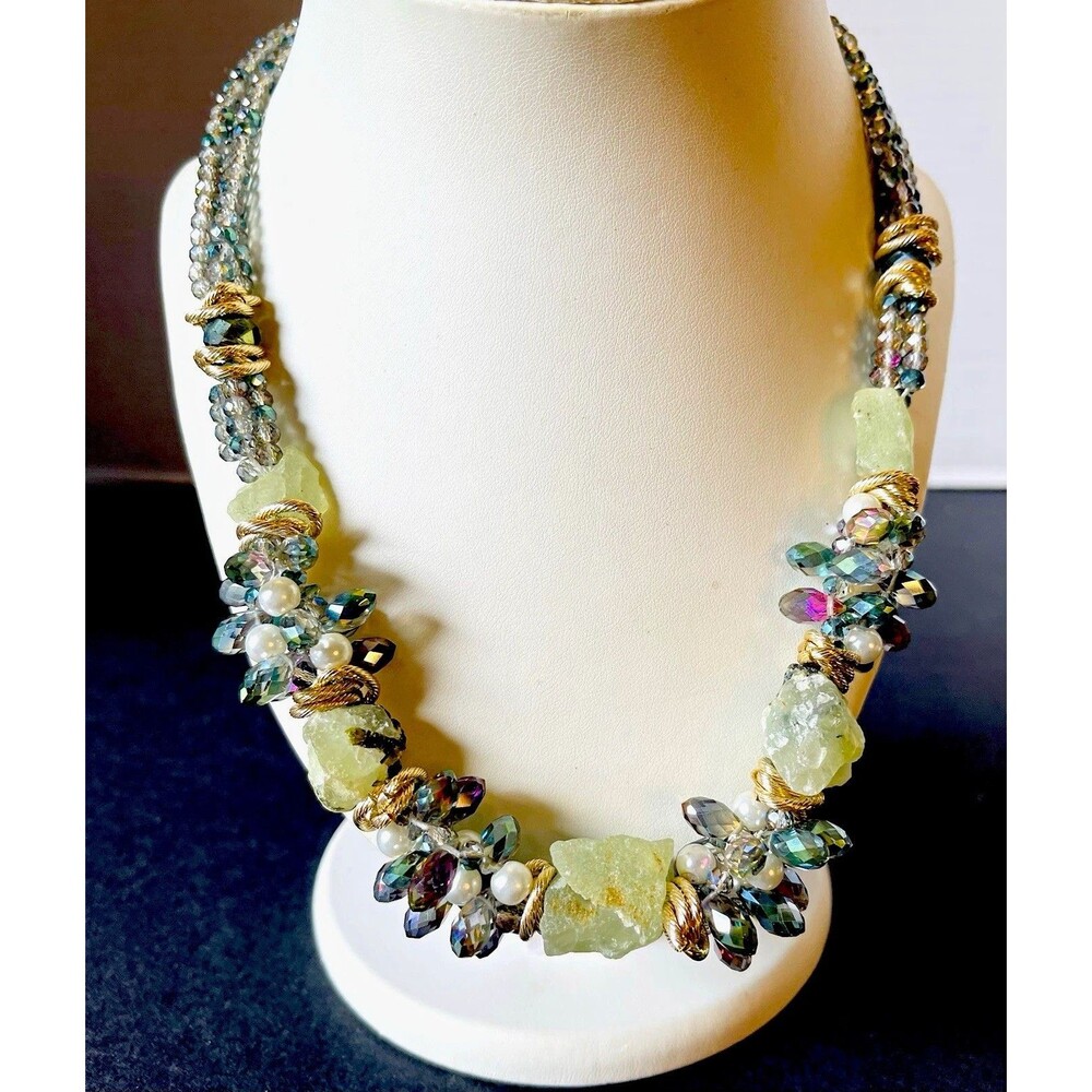 Natural Prehnite Mix Gemstone Cluster Statement Necklace Multi-Strand Beaded 18”